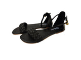 Black Leather Flats with Plaited Front and Ankle Strap