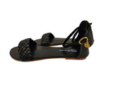 Black Leather Flats with Plaited Front and Ankle Strap