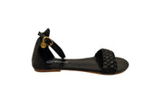 Black Leather Flats with Plaited Front and Ankle Strap