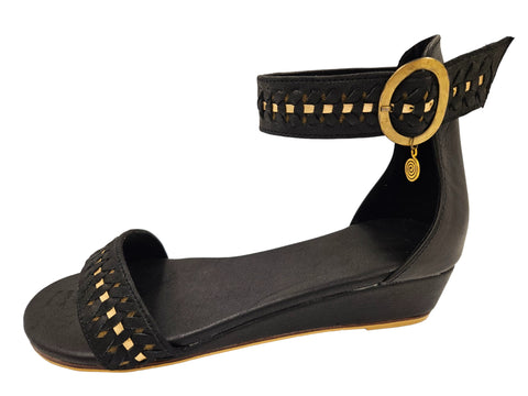 Black Leather Wedges with Gold Trim