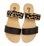 Leopard and Brown 2 Strap Leather Slide Sandals