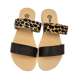 Leopard and Brown 2 Strap Leather Slide Sandals