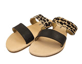 Leopard and Brown 2 Strap Leather Slide Sandals