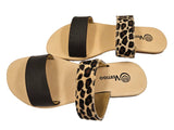 Leopard and Brown 2 Strap Leather Slide Sandals