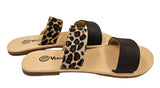 Leopard and Brown 2 Strap Leather Slide Sandals