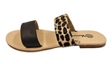 Leopard and Brown 2 Strap Leather Slide Sandals