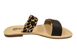 Leopard and Brown 2 Strap Leather Slide Sandals