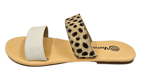 Leopard and White 2 Strap Leather Slide Sandals