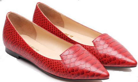 Red Snake Print Leather Pointy Toe Ballet Flats